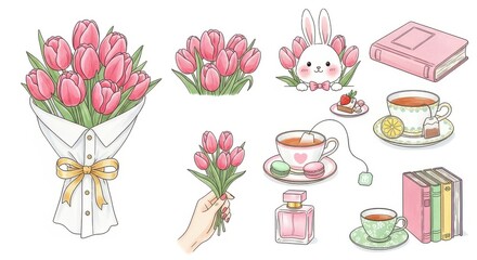 Springtime elements tulips, bunny, tea set, books, perfume