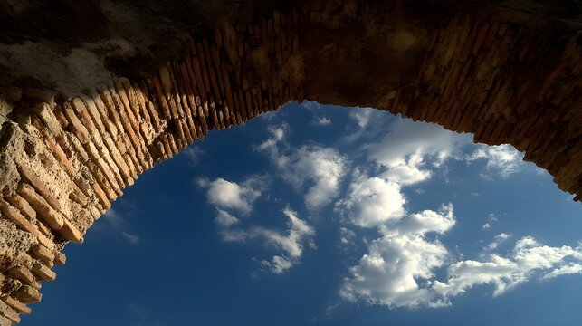 Curved ancient brick structure frames view of deep blue sky with scattered white clouds - Powered by Adobe
