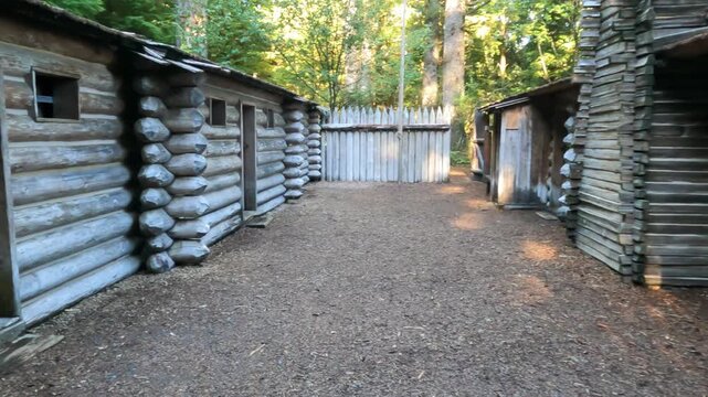 A view of the reconstructed log barracks building, which served as the living quarters for members of the Corps of Discovery at Fort Clatsop