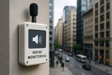 Urban noise monitoring device affixed to a building wall. It measures city sound levels against a blurred street background.