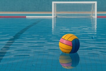 Vibrant water polo ball floats on the rippled surface of a swimming pool. A goal awaits in the background, ready for action.