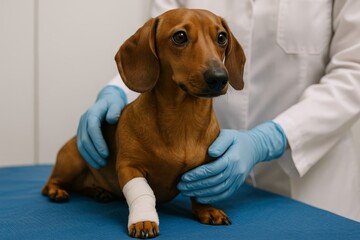 Adorable dachshund with a bandaged paw, held gently by a veterinarian. This shows care and recovery at a veterinary clinic.