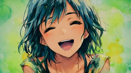Joyful young female character with vibrant blue hair expresses genuine delight in an artistic style