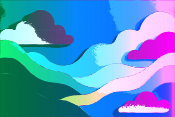 Colorful Abstract Landscape with Clouds and Layered Hills