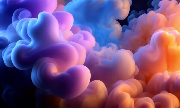 Abstract swirling colorful smoke clouds forming ethereal patterns against a deep dark background with subtle purple hues creating a mystical atmosphere