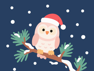Pastel Owl Illustration on Christmas Eve with Santa Hat
