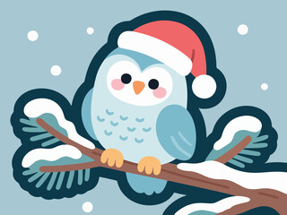 Cute Light Blue Owl with Santa Hat Illustration on a Snowy Branch