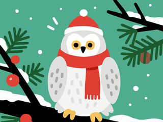 White Snowy Owl with Red Scarf Illustration on Snowy Pine Branch