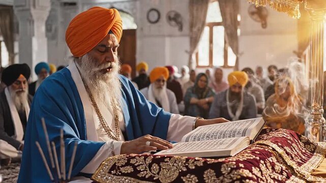Sikh Priest Reading Holy Book in Gurdwara, Religious Ceremony.