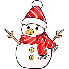 Festive snowman with red hat and scarf isolated on transparent background