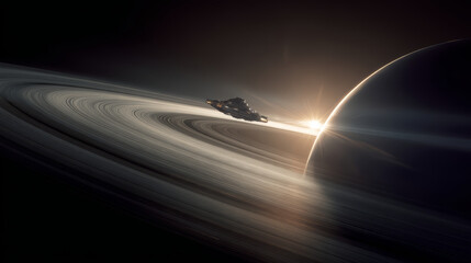 Obraz premium Spaceship space planet ring sunrise silhouette cosmic exploration science orbit with spaceship gliding along vast planetary ring sunrise