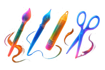 Glowing art tools with paint brushes, pencil, and scissors representing creativity and artistic expression on transparent background