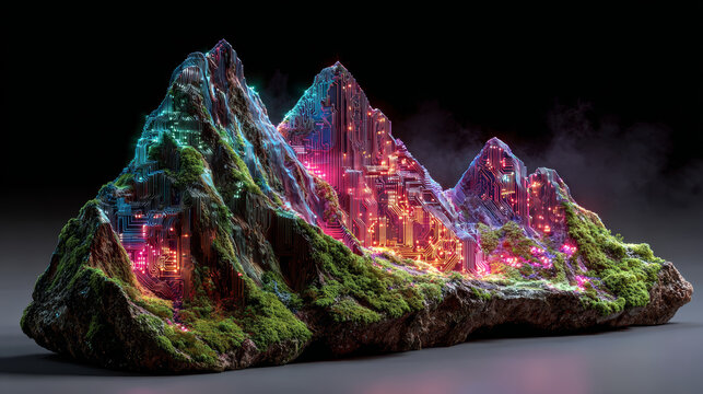 Neon circuit mountain cyberpunk landscape glowing technology moss rock fantasy terrain sci fi art luminous pathways futuristic valley vapor mist