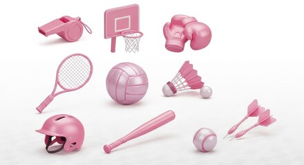 Pink sports equipment and accessories isolated on white background