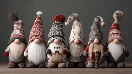 Christmas gnomes family in hats with nordic ornament. Set of nordic magic dwarfs