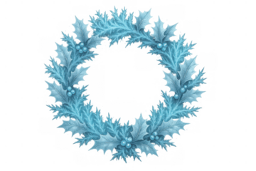 Blue winter wreath with frozen holly berries and pine branches illustrating christmas and holiday seasons on transparent background