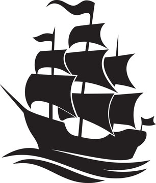 Classic Three-Masted Galleon Ship Silhouette Vector - Nautical Sailing Boat on Waves Black Graphic for Adventure, Travel, or Pirate Logo
