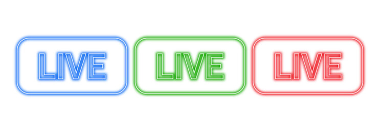 Three neon signs with the word live in blue, green, and red, isolated on a © Moynul Haque