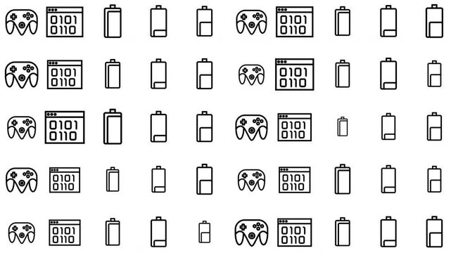 Digital Gaming Controllers and Battery Icons Pattern, Technology Illustration with Flat Design, Repetitive Layout, White Background, Top View