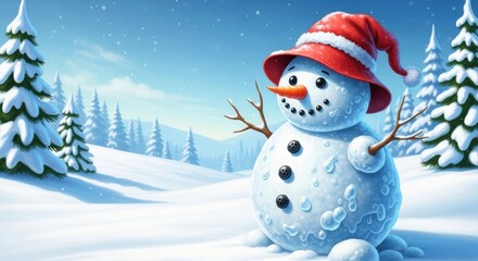 Fototapeta premium Cheerful snowman wearing a red striped hat in a snowy winter landscape