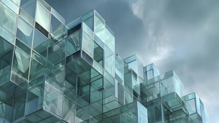 Modern building facade features complex, protruding glass modules against a cloudy sky