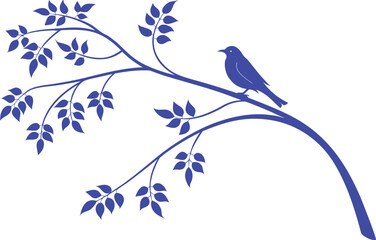 Elegant blue silhouette of two birds perched on a leafy tree branch. A clean and minimalist nature illustration perfect for  invitations, and design projects. Ideal for themes of romance, peace