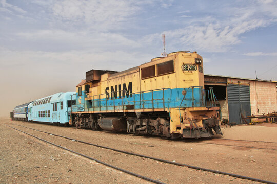 Zouerate, Mauritania - 09 Jan 2022: Mauritania Desert train, Train du Desert, The vintage train in Sahara desert, that crosses between Zouerate and Nouadhibou.