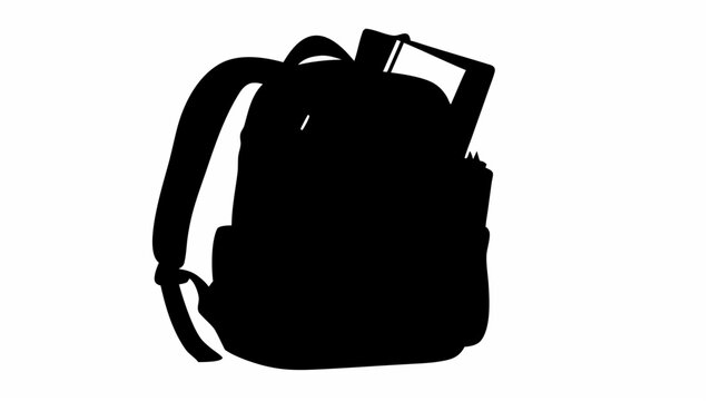 Silhouette of a backpack with straps and a book sticking out against a white background providing contrast