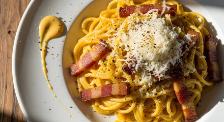Classic Spaghetti Carbonara with Crispy Bacon and Grated Parmesan Cheese