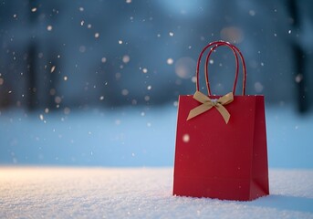 Red Christmas gift bag with golden ribbon on snowy winter background