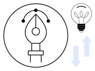 Pen tool inside a circle symbolizing graphic design, light bulb for innovation, and arrows for progress. Ideal for creativity, development, design, innovation, brainstorming, technology and concepts
