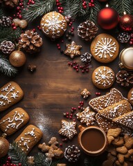 European Christmas Market flat lay of traditional treats, gingerbread, and ornaments on rustic wood