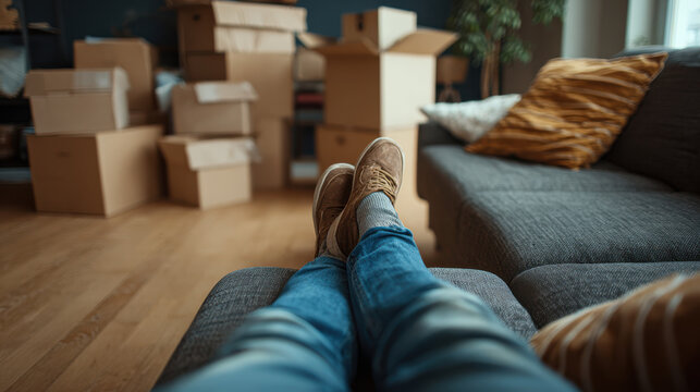 New homeowner relaxing on couch amid packed moving boxes, cozy casual moment with shoes visible