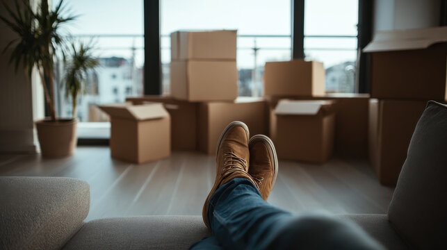 Relaxed person in new apartment surrounded by moving boxes and cozy boots, excited first time homebuyer moment