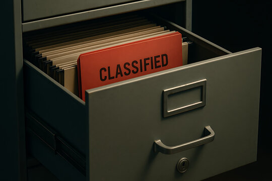 Open file cabinet drawer with red classified folder inside, confidential government documents storage security concept, secret information investigation data privacy and intelligence archive organizat