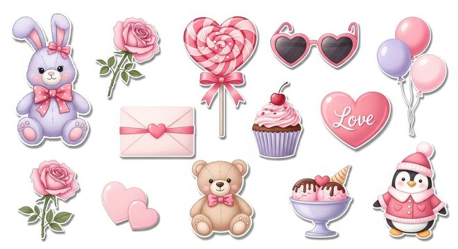 Valentines day themed cute illustration elements