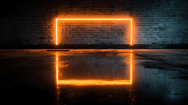 Bright orange neon rectangular frame illuminates a damp, textured brick wall surface - Powered by Adobe