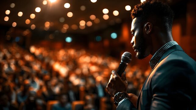 Motivational speaker addressing large audience on stage under warm spotlight in packed auditorium, perfect for leadership blog, event promo