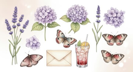 Watercolor illustration of lavender, hydrangeas, butterflies, and a drink