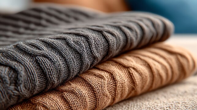 Stack of Cozy Knitted Blankets with Cable Knit Texture Close-up - Powered by Adobe