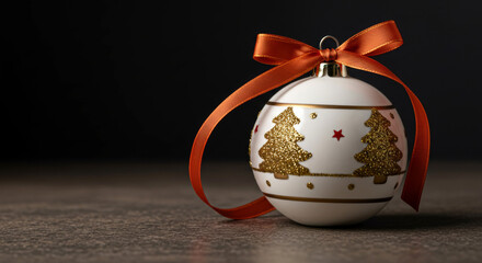 Christmas bauble with gold glitter pattern and ribbon against a dark background.