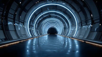 Glowing circular lights illuminate a dark, wet corridor of advanced infrastructure