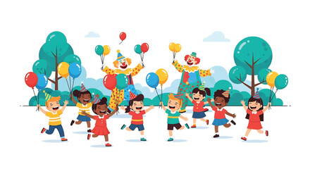 Fototapeta premium A group of diverse children and a clown playing with colorful balloons in a lively outdoor setting with trees and a clear sky.