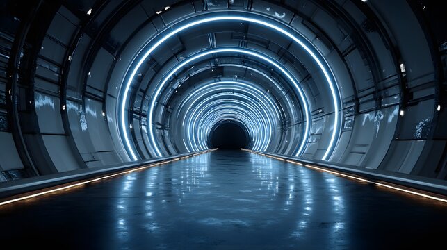 Glowing circular lights illuminate a dark, wet corridor of advanced infrastructure - Powered by Adobe