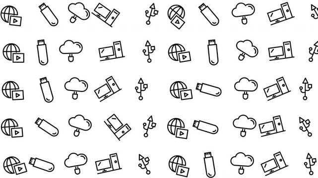 Seamless technology and cloud computing icons pattern, digital graphic design, monochrome vector illustration, flat style, endless background