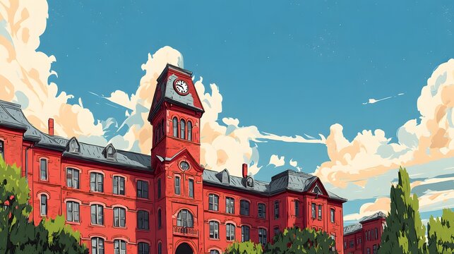 Historic red brick institutional building featuring a prominent clock tower beneath a bright blue sky. - Powered by Adobe