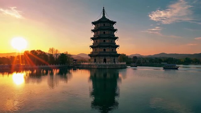 Sunset view of the ancient tower by the lake