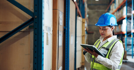 Distribution, tablet and woman in warehouse, internet and logistics with digital app for...