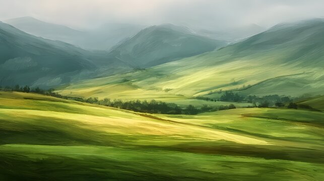 Lush rolling hills descend into a misty valley flanked by large mountain ranges