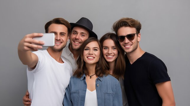 Vibrant group of smiling friends taking a selfie outdoors showcasing happiness friendship and casual lifestyle in a lively colorful portrait